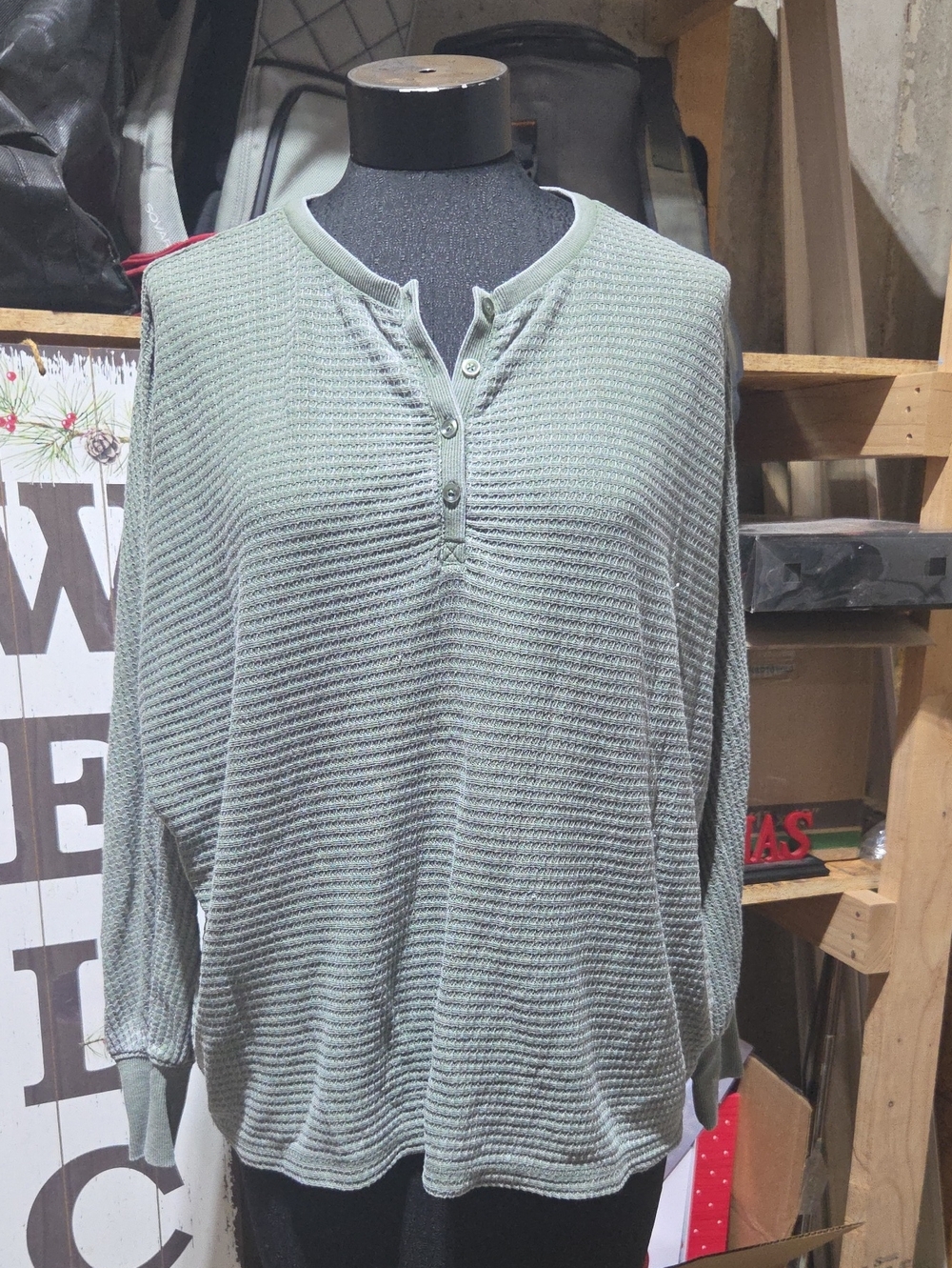 White Crow Sage Green Waffle Henley Sweatshirt